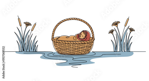 Scene from the Bible with Moses in basket floating on river surrounded by reeds and calm water. Old Testament scene illustrates key biblical moment with peaceful composition.