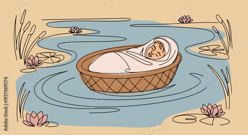 Baby in basket on calm water surrounded by lotus flowers and reeds. Scene from Bible depicting Moses as an infant floating in a basket on the Nile River.
