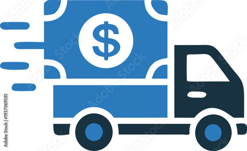 Delivery truck transports dollar bill, showing speed lines and financial movement quickly
