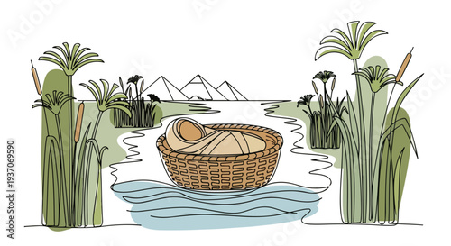 Scene from the Bible with Moses in basket floating on river surrounded by tall reeds and papyrus plants. Old Testament depicts Moses as a baby in a natural setting, symbolizing hope and faith.