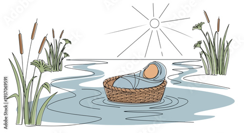 Scene from the Bible with Moses in woven basket floating on serene water. Old Testament imagery represents Moses as an infant in peaceful environment surrounded by nature.