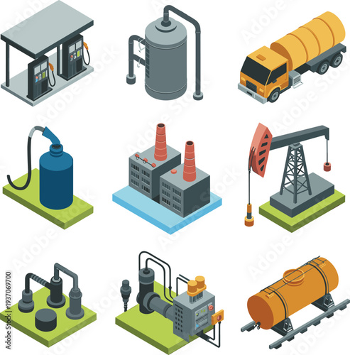 Isometric oil and gas industry vector illustration featuring refinery equipment, fuel tanker truck, storage tanks and pumpjack system