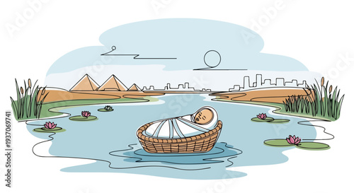 Scene from the Bible featuring Moses in a basket on river with Egyptian pyramids in background. Old Testament story illustrates Moses floating on water surrounded by reeds and lily pads.