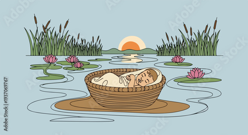 Scene from the Bible with baby Moses in basket floating on river surrounded by tall grass and blooming lilies under sunset. This captivating scene from the Bible illustrates the story of Moses,