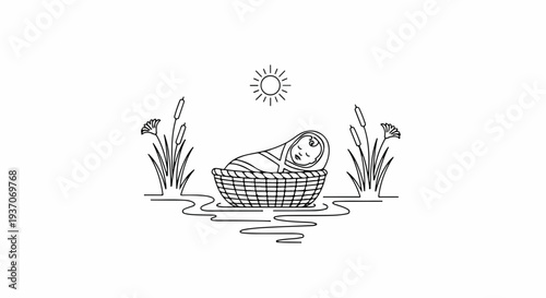 Scene from the Bible featuring Moses in a basket surrounded by tall grass and water under the sun. Old Testament story depicting Moses as a baby, conveying hope and faith in a serene setting.
