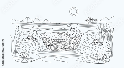 Scene from the Bible with Moses in basket on river, surrounded by reeds and lily pads under sun with pyramids in background. Old Testament narrative depicting Moses’ journey and childhood.