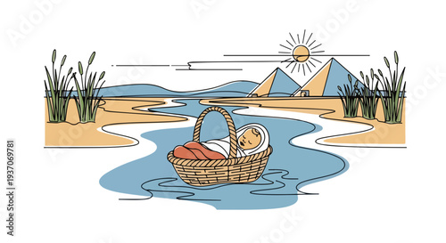 Scene from Bible with baby in basket floating on river near pyramids and marshes. Old Testament tale portrays baby in woven basket surrounded by serene landscape.