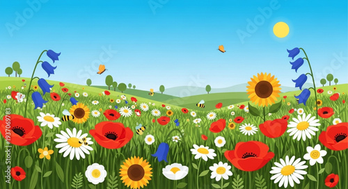 Colorful Wildflowers Blooming in a Vibrant Meadow.