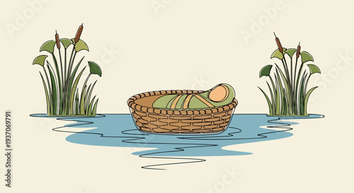 Scene from the Bible featuring Moses in basket on water surrounded by lush greenery and tall reeds. Old Testament illustration captures moment of Moses in basket, symbolizing hope and faith.