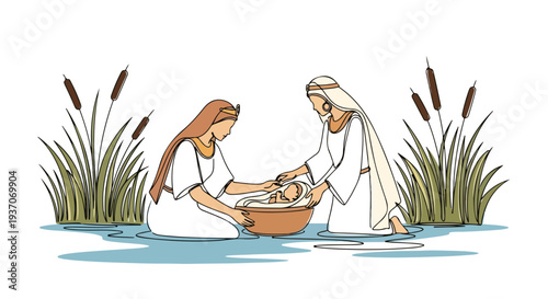 Scene from the Bible depicting women caring for baby Moses in basket on river bank surrounded by tall grasses and reeds. Old Testament scene illustrates compassion and nurture,