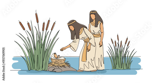 Scene from the Bible depicting women from the Old Testament discovering the baby Moses in a basket among reeds. Women interact with moss and water, symbolizing protection and care,