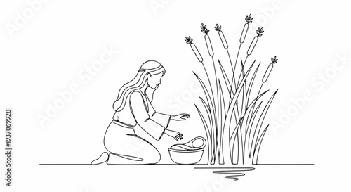 Scene from the Bible with Moses in basket near reeds and water. Illustration depicts story from Old Testament where Moses is discovered by woman among tall grasses and plants.