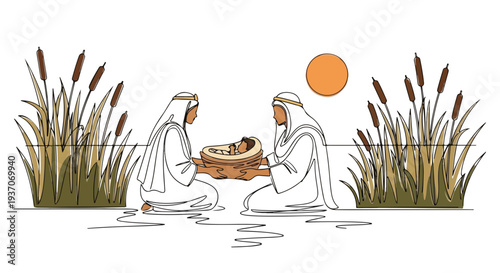 Scene from the Bible depicting Moses in basket with two women by river surrounded by tall grass and sunlight. Old Testament story focuses on baby's rescue and the beginning of an important journey.