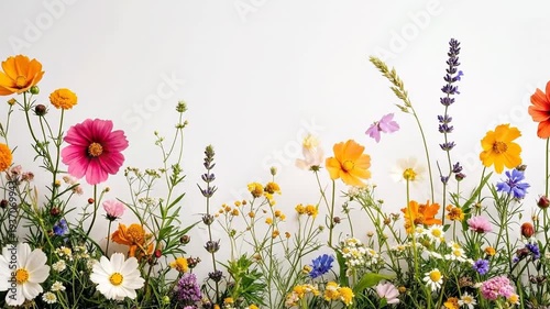 A vibrant and colorful collection of wildflowers blooming against a clean white background.
