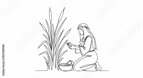 Scene from the Bible with Moses gathering plants near riverbank, old testament illustration shows woman with basket and reeds. Biblical narrative focuses on Moses' early life and connection to nature.