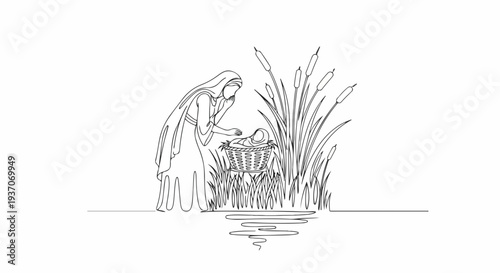 Scene from the Bible depicting Moses found in basket by woman near river. Scene shows woman gently looking at baby Moses in basket surrounded by tall grass and calm water.