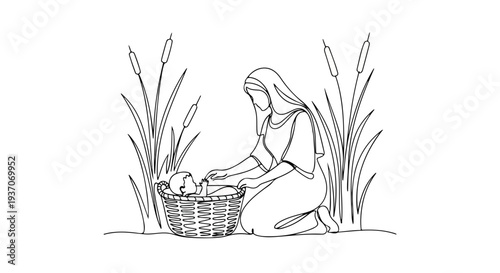 Scene from the Bible depicting Moses as baby in basket with woman beside river and tall grass. Old Testament story showcases rescue and protection with symbolism of hope. Concept scene from Bible.