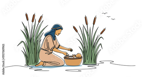 Scene from the Bible with woman in water tending to basket and baby among reeds and river plants. Old Testament narrative depicts Moses' story with mother caring gently.