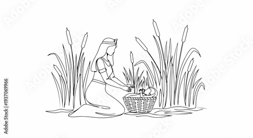 Scene from the Bible depicting Moses' mother placing baby Moses in basket among reeds. Biblical moment shows mother in ancient attire, surrounded by tall grass and water.