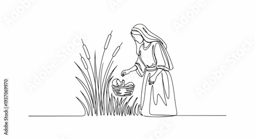 Scene from the Bible with woman gathering basket near reeds and tall grass. Old Testament depiction shows woman collecting plants and items by water's edge for daily tasks.