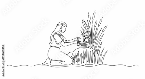 Scene from the Bible depicting Moses in basket among reeds. Woman kneeling beside water gently reaching for Moses in basket surrounded by tall grass and reeds.