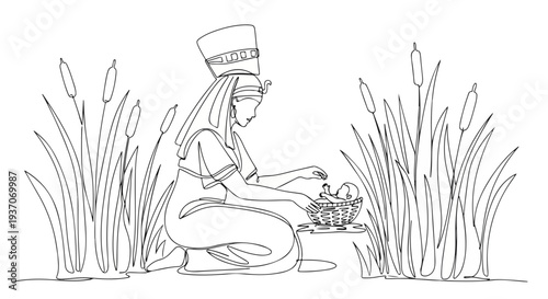 Scene from the Bible depicting Old Testament Moses being rescued among reeds by a woman. Details showcase her gentle care and compassion as she discovers him in a basket hidden among the plants.