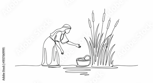 Scene from the Bible with Moses in basket by riverside among tall grass and reeds. Old Testament depiction includes mother trying to rescue child from water.