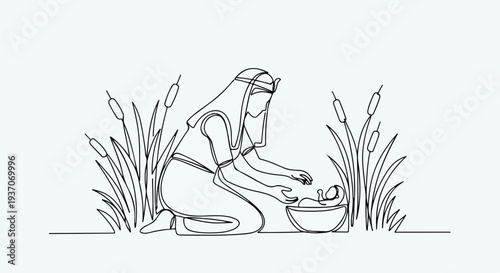 Scene from the Bible featuring Moses' mother discovering him in a basket among reeds. Old Testament portrayal highlights emotional moment of care and hope during challenging times.