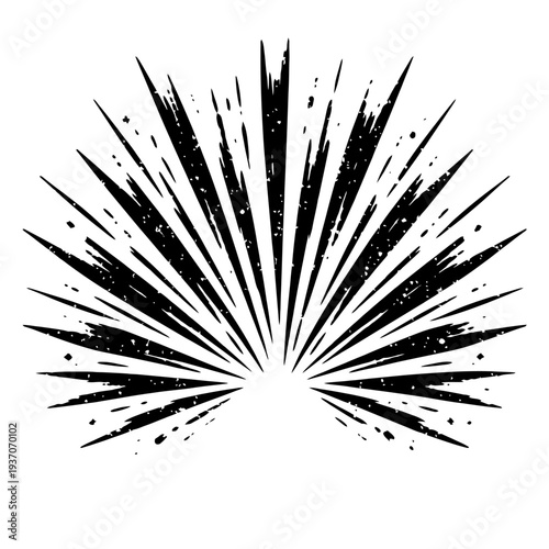 Dynamic distressed grunge sunburst vector illustration, radiating lines with textured ink splatters and dots, artistic explosion effect, abstract monochrome graphic design element perfect for retro, m