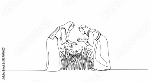 Scene from the Bible with women discovering Moses in bulrushes, showing their expressions of awe and tenderness while surrounded by lush grass.