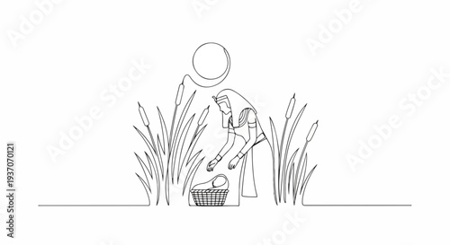 Scene from the Bible with Moses discovering basket in reeds under sunlight. Old Testament moment depicts Moses finding a child in a basket among tall grass.