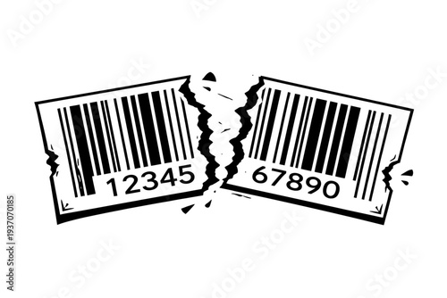 Torn product barcode with '12345' and '67890' clearly visible. Symbolizes system failure, product invalidation, data corruption, supply chain disruption, retail errors, and operational breakdown.
