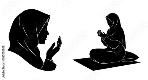 Set of 2 Muslim women praying vector illustrations