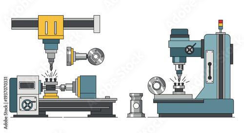 Two industrial machines, a lathe and a milling machine, processing metal.
