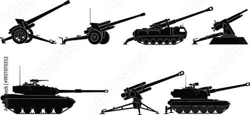 Black silhouette collection of military heavy artillery cannons and battle tanks isolated on a white background for war design.