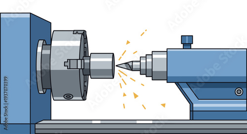 Close-up of a metal part being machined on a blue industrial lathe.