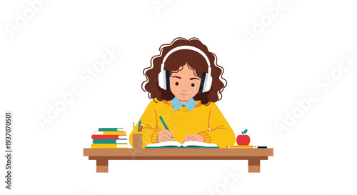 Young woman with headphones writing at a desk with books and an apple.