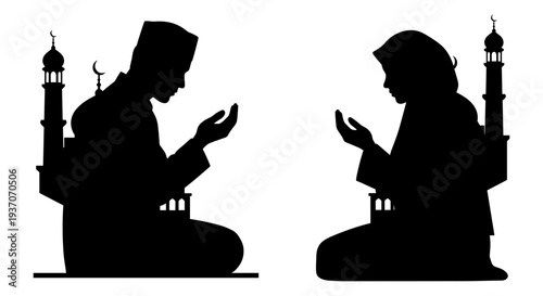 Silhouette of man and woman praying in mosque vector