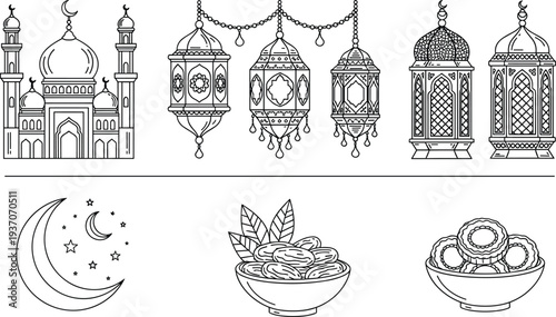 Black and white line art collection of Islamic icons featuring a mosque lanterns crescent moon star dates and traditional cookies for Ramadan coloring pages.