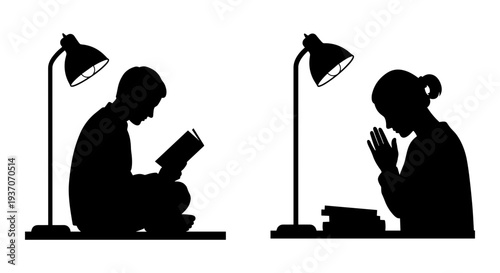 Set of 2 people reading and praying silhouettes vector