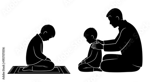 Vector illustration of a father teaching a child to pray