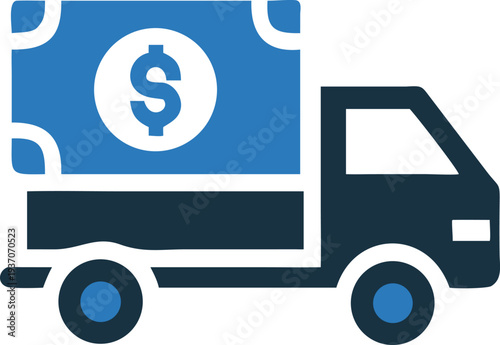 A blue truck carries a large money bill across the landscape slowly and deliberately