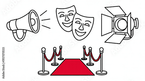 Set of entertainment and performance icons including a megaphone theater masks spotlight and red carpet for event promotion and media concepts isolated on white