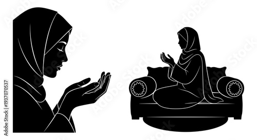 Set of 2 Muslim women praying vector icons