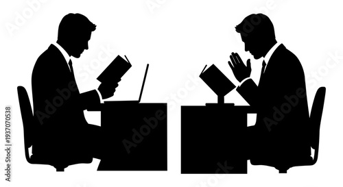 Vector illustration of two businessmen in silhouette at desks