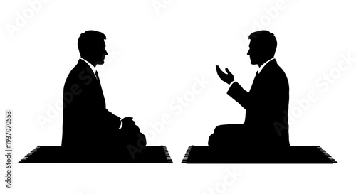 Vector illustration of two businessmen in silhouette sitting on mats