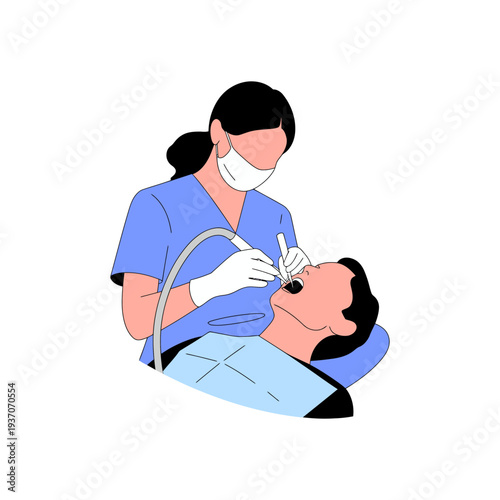 A dentist in blue scrubs examining a patient in a dental chair