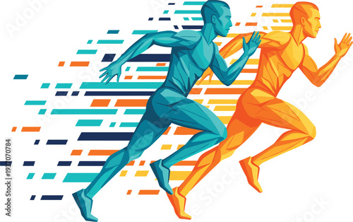 Abstract running athlete illustration with dynamic speed lines, modern sports sprint concept, colorful human runner vector showing motion and energy isolated on white background