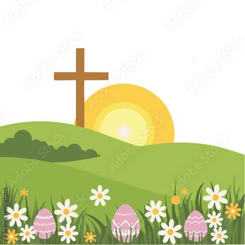 Happy Easter Sunday Bunny and Colorful Egg Hunt Vector Illustration
