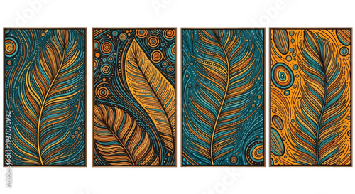 Vibrant abstract leaf patterns in blue and orange hues.